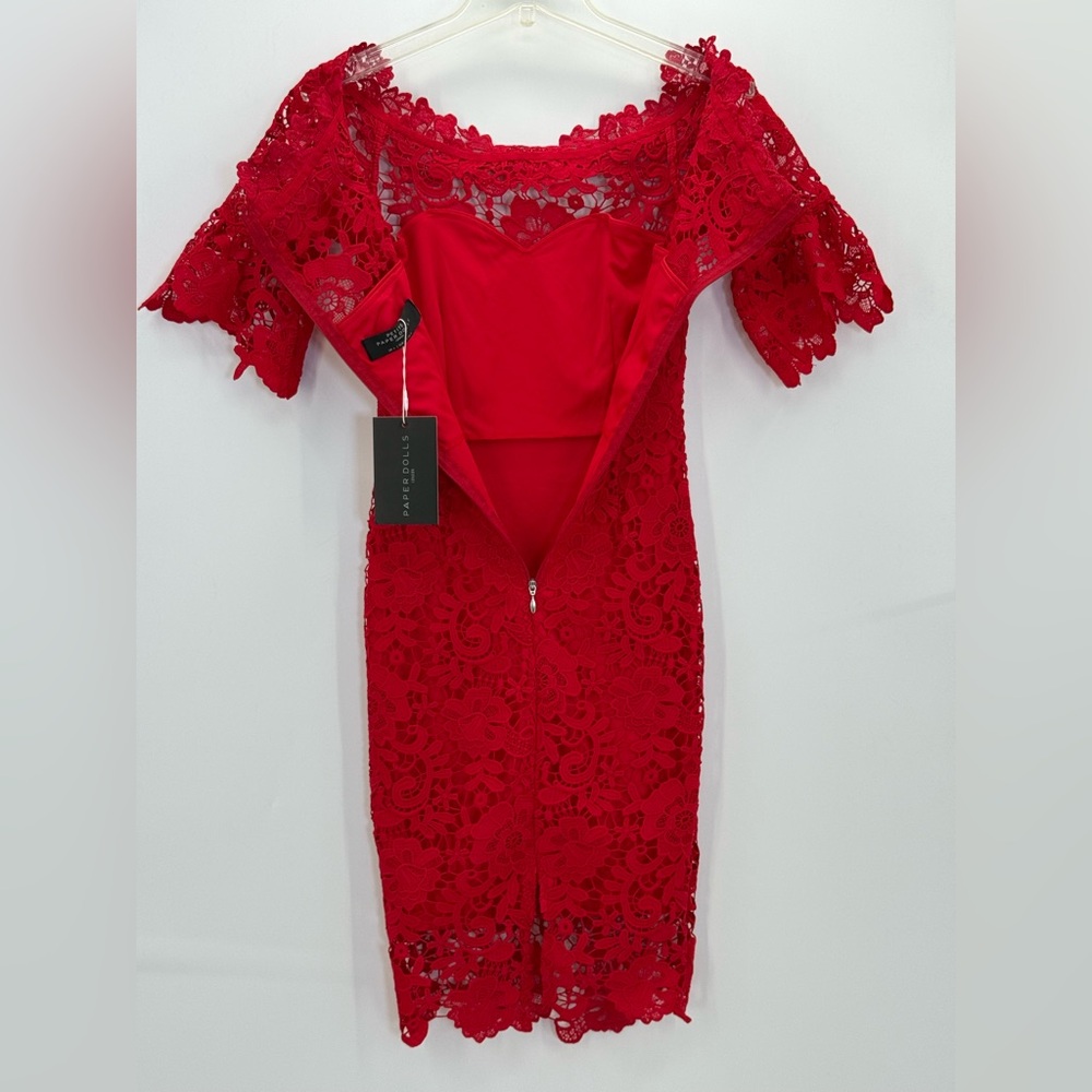 Paper Dolls London Red Lace Off-Shoulder Bodycon Cocktail Floral Lace Dress- 0 P - Picture 10 of 16